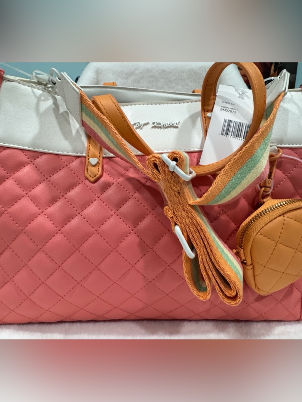 NWT—Betsey Johnson Coral Quilted Tote with White Trim—XOBecca
